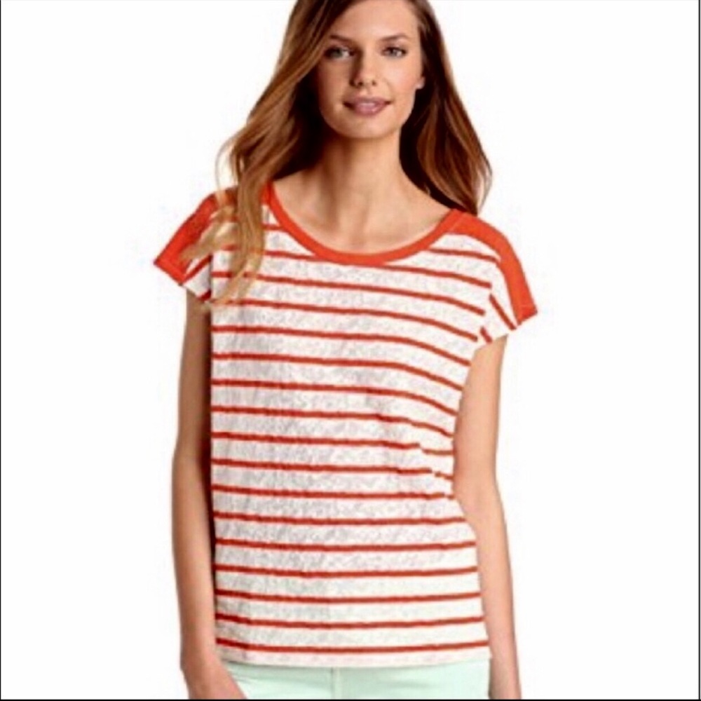 Lucky Brand SZ LG Women's Lace Cap Sleeve Stripe Seanna Dolman Top EUC - Picture 2 of 7